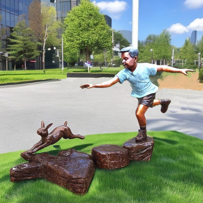 Life Size Bronze Child Sculpture Playing Rabbit Chasing Garden Decor - Bronze Children Statues - 1