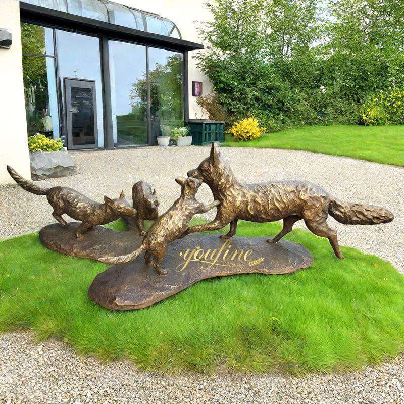Life Size Cast Bronze Family Fox Statue Outdoor Garden Art - Bronze Wildlife Sculpture - 4
