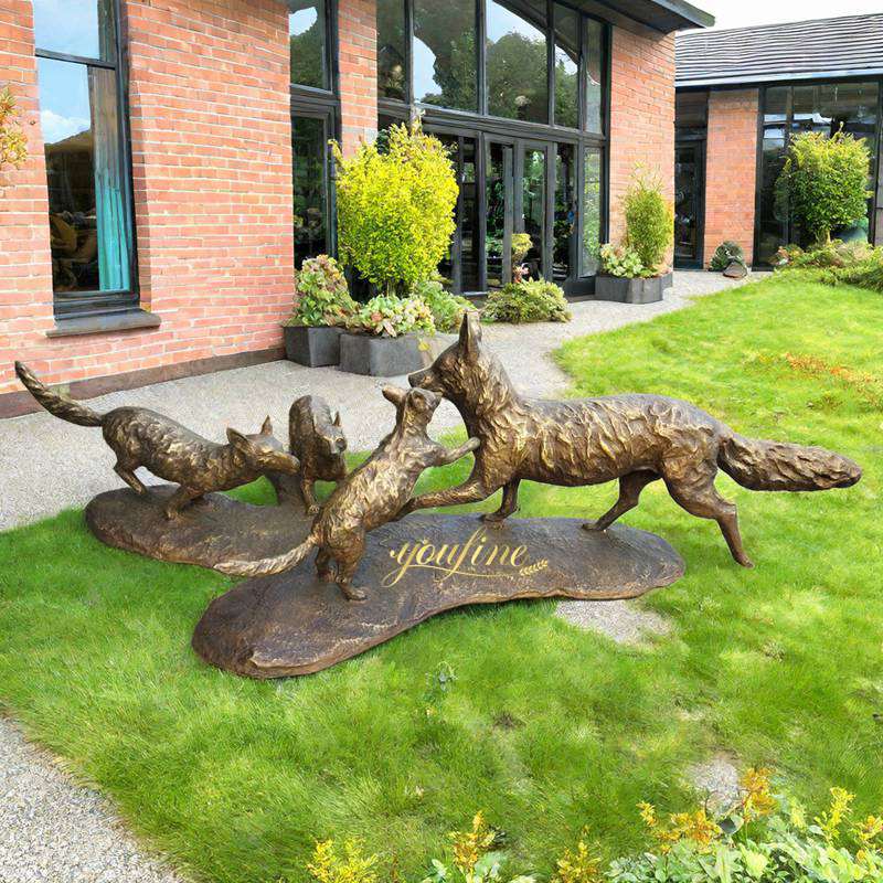 Life Size Cast Bronze Family Fox Statue Outdoor Garden Art - Bronze Wildlife Sculpture - 3