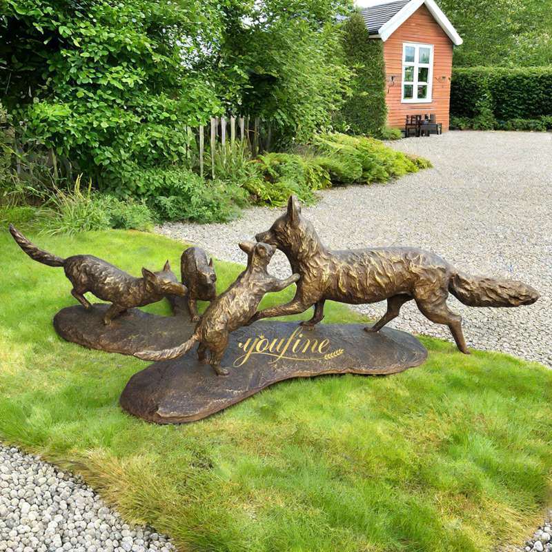 Life Size Cast Bronze Family Fox Statue Outdoor Garden Art - Bronze Wildlife Sculpture - 2