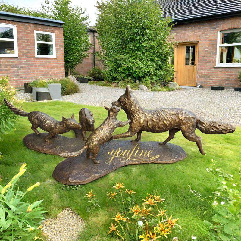 Life Size Cast Bronze Family Fox Statue Outdoor Garden Art - Bronze Wildlife Sculpture - 1