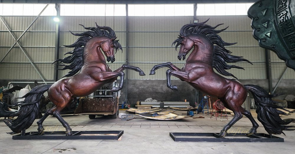 Pair Large Bronze Rearing Horse Statues