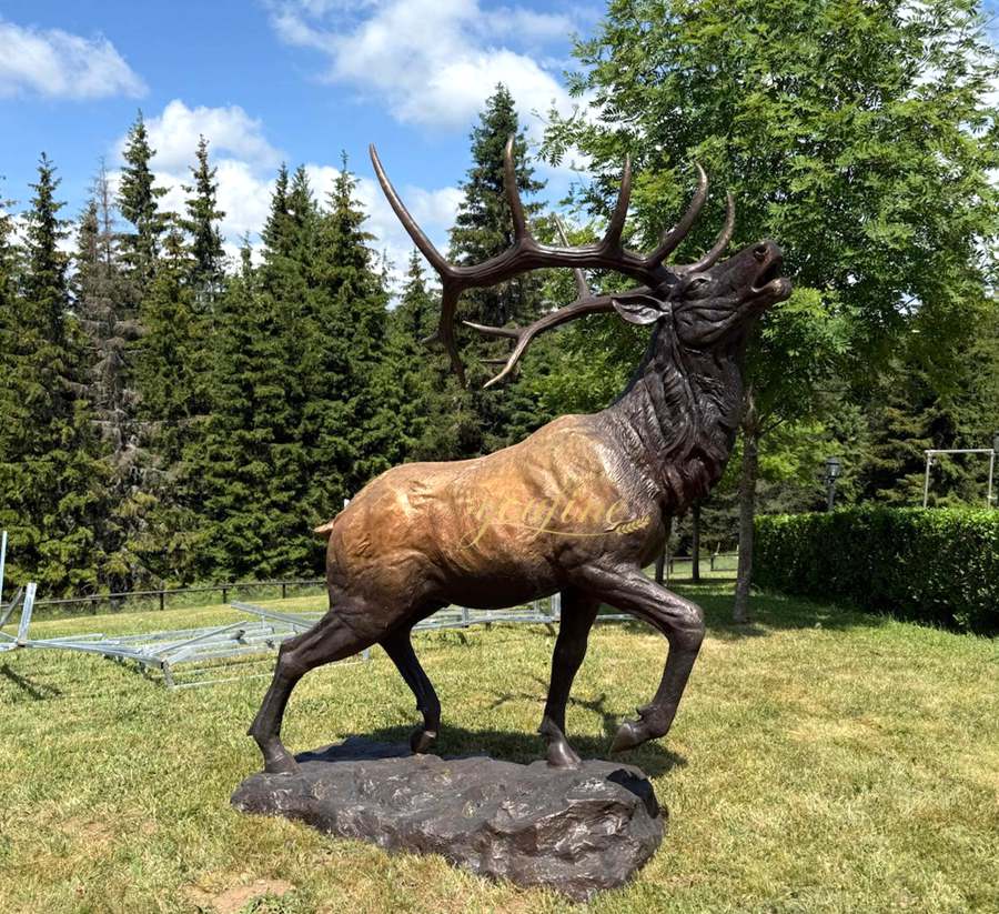 bronze roaring deer sculpture