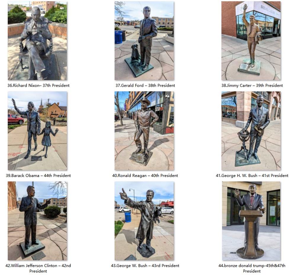 The statues of the 37th through 47th U.S. presidents are located in Rapid City.