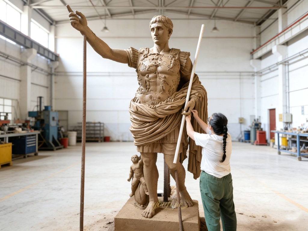 Artist modifying the clay model of a Caesar sculpture at YouFine Bronzes Gallery