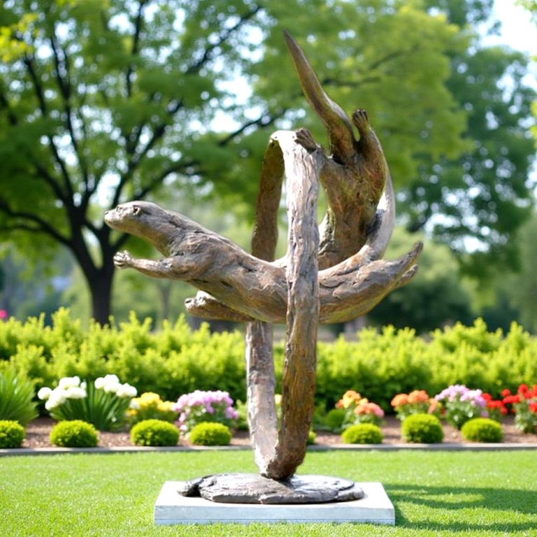 wildlife Two Sea Otters Sculpture Swim in a Circle