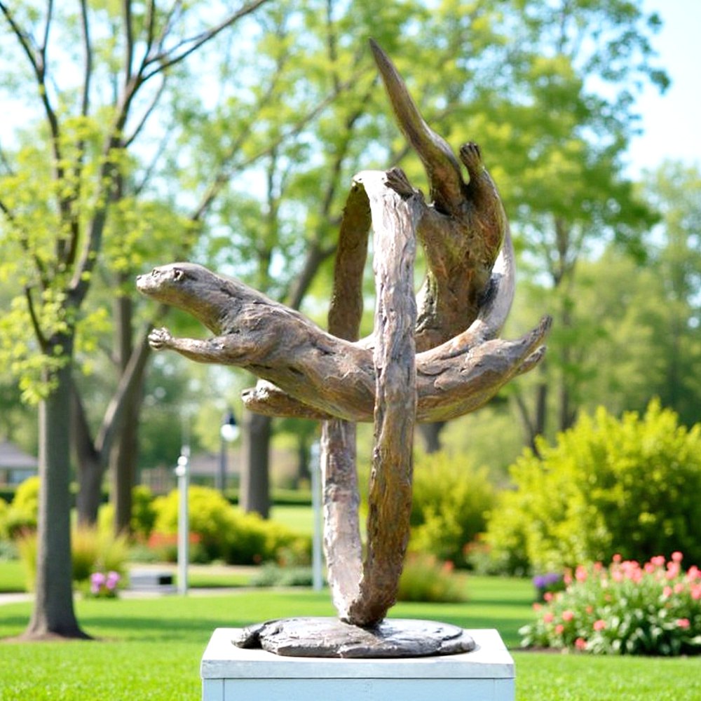 Two Sea Otters Sculpture Swim in a Circle - Bronze Wildlife Sculpture - 1 wildlife Two Sea Otters Sculpture Swim