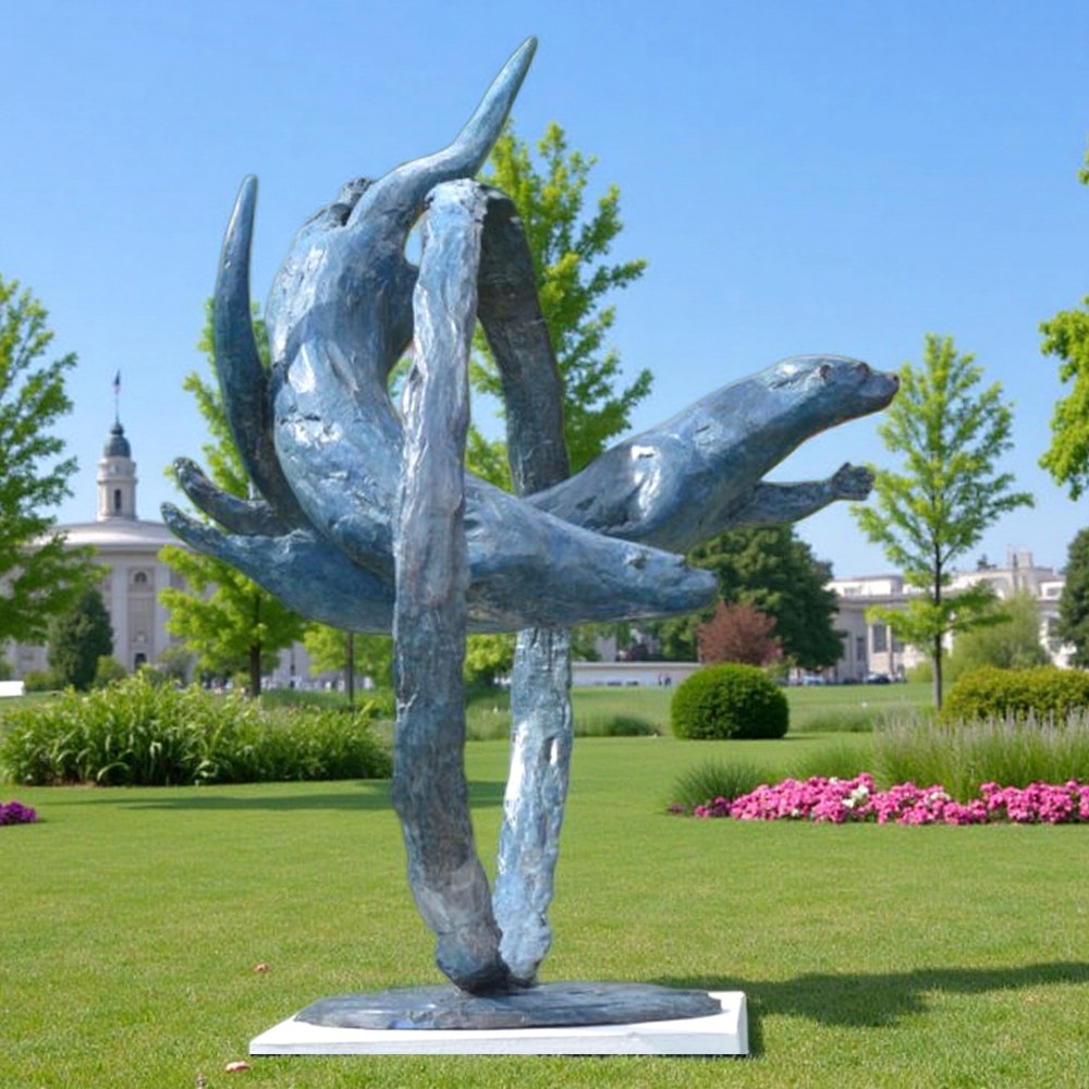 Two Sea Otters Sculpture Swim in a Circle - Bronze Wildlife Sculpture - 3 wildlife blue bronze Sea Otters Sculpture