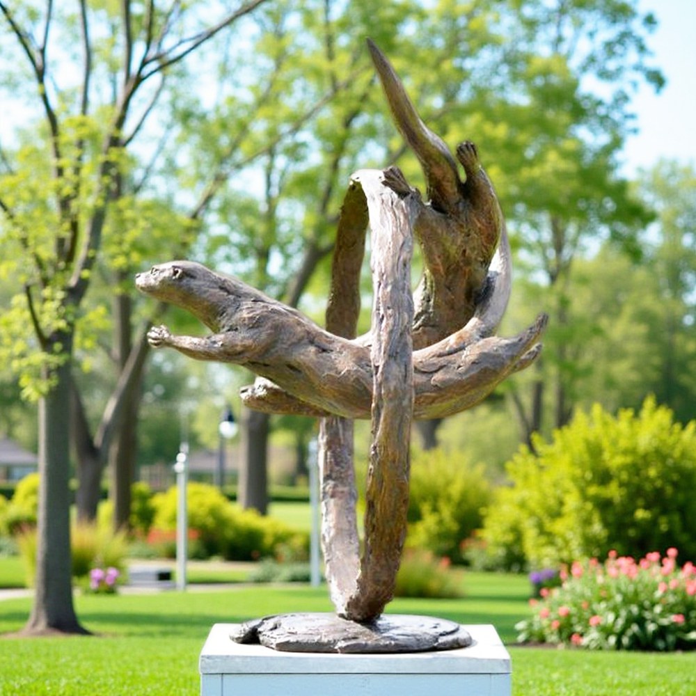 Two Sea Otters Sculpture Swim in a Circle - Bronze Wildlife Sculpture - 4 wildlife bronze Sea Otters Sculpture Swim in a Circle