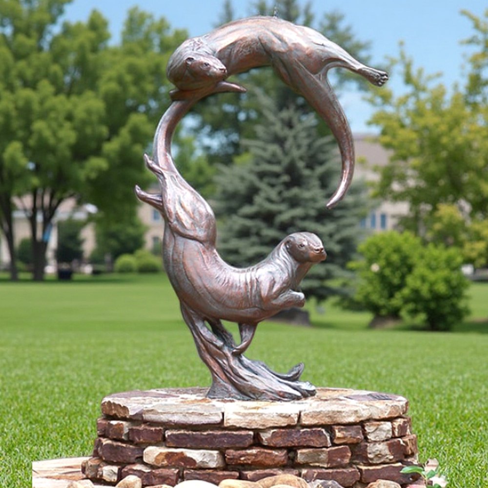 Two Sea Otters Sculpture Swim in a Circle - Bronze Wildlife Sculpture - 5 wildlife bronze Sea Otters Sculpture