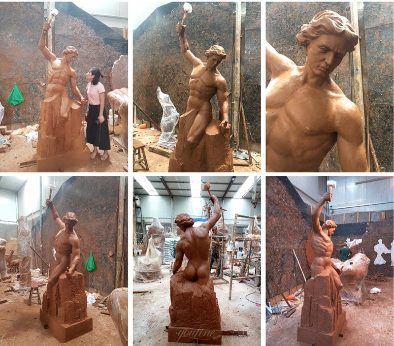 Master sculptor hand-building clay model of Self-Made Man statue