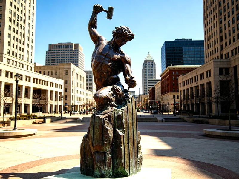 Monumental bronze Self Made Man sculpture installed in a public plaza or civic space