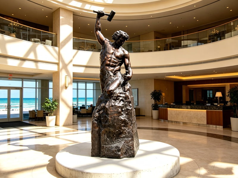 Bronze Self Made Man sculpture in a corporate lobby or executive office