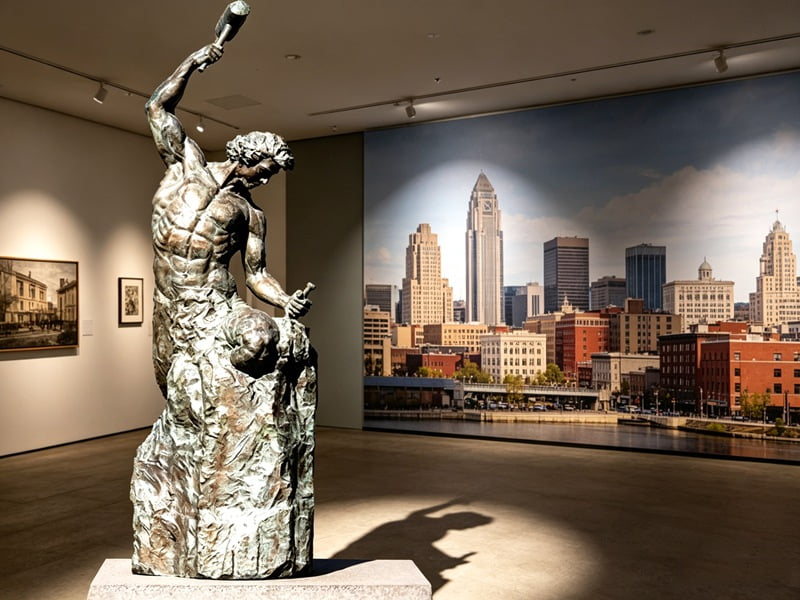 Bronze Self Made Man sculpture displayed in a private art gallery or collector's space