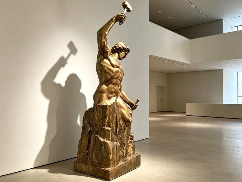 Bronze Self Made Man sculpture as a centerpiece in a museum gallery or cultural institution