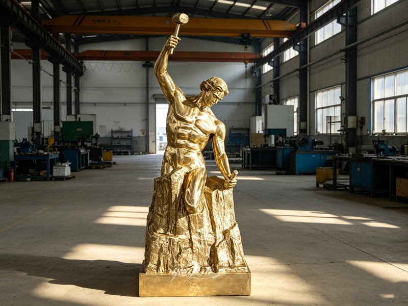 Craftsmen welding and polishing bronze sections of Self-Made Man statue