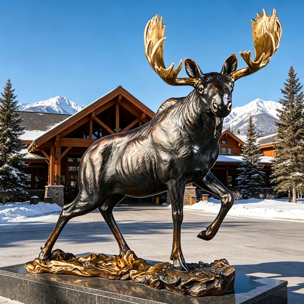 Bronze moose sculpture at ski lodge entrance