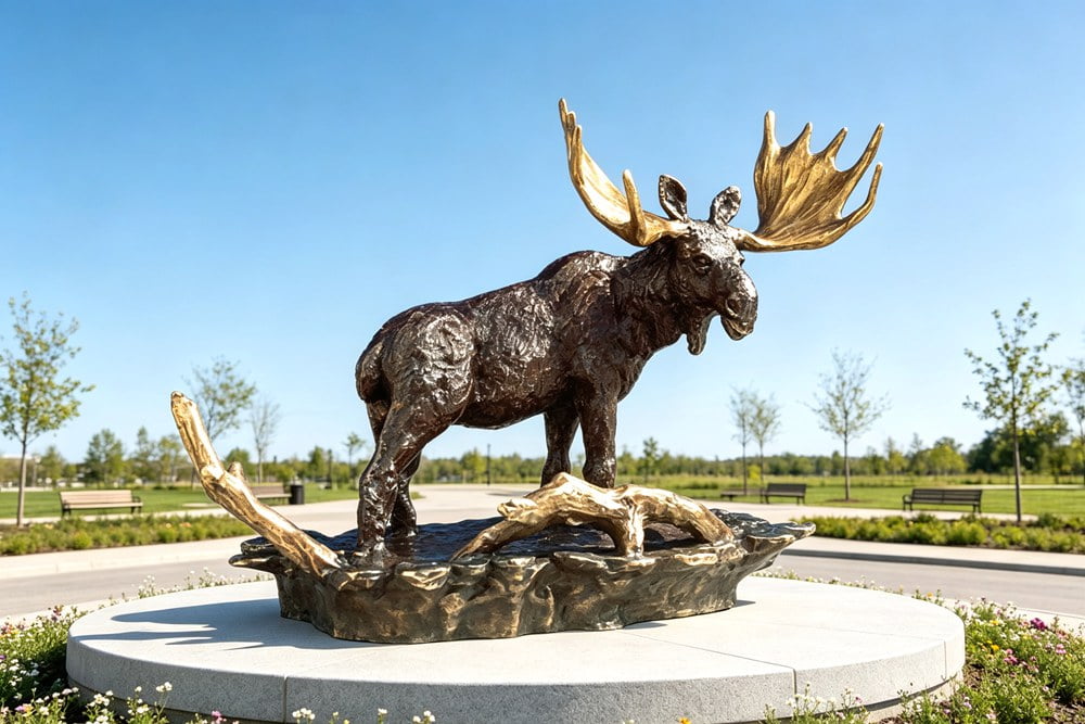Life-size bronze moose statue in natural setting