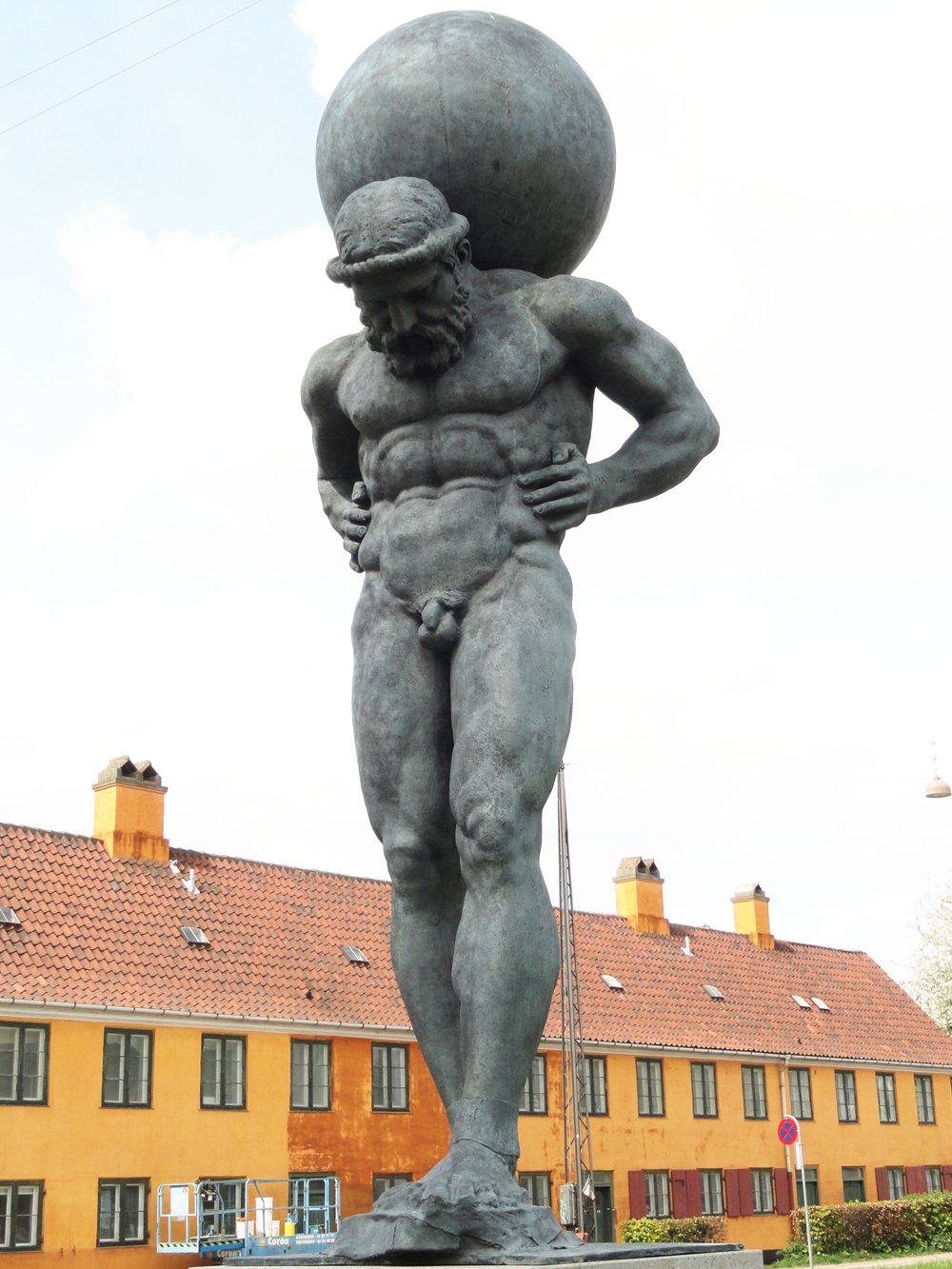 Atlas Greek Statue Replica With Shiny Golden Sphere Globe