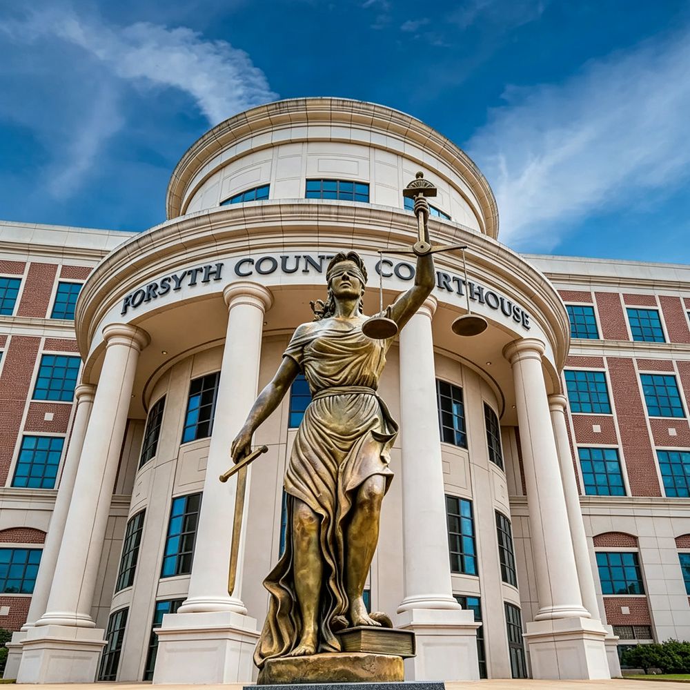 Bronze Lady Justice Statue at Courthouse Entrance Classic bronze Lady Justice statue holding scales and sword outdoors at a courthouse entrance