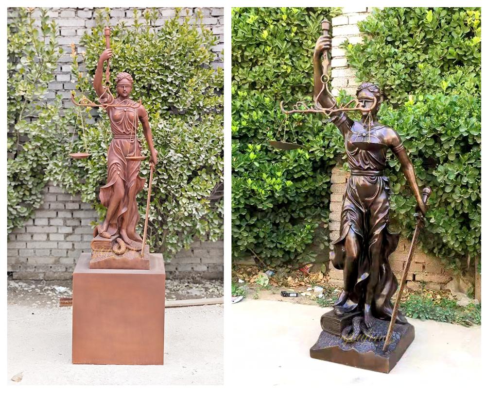 Custom bronze Lady Justice statue in production at YouFine foundry showing clay model and bronze casting stages