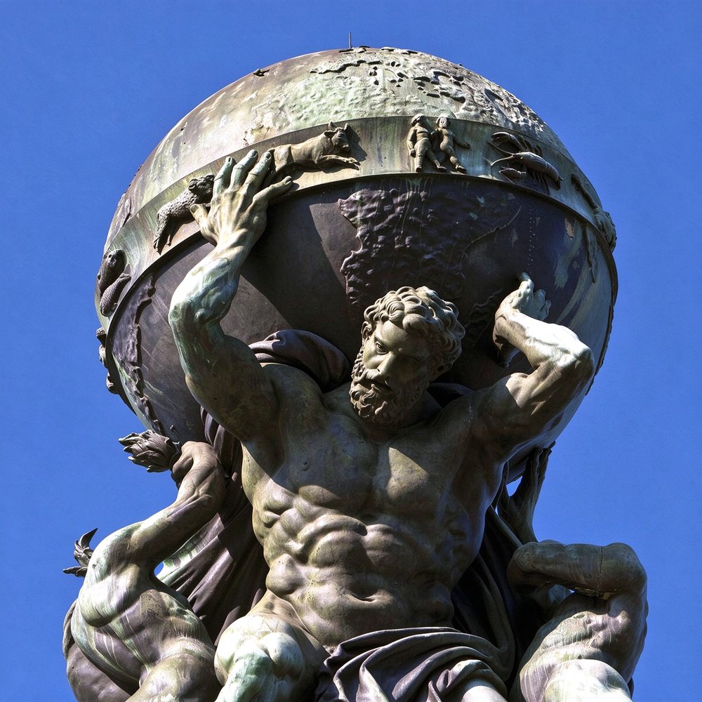 Detailed Shot of Bronze Atlas God Statue