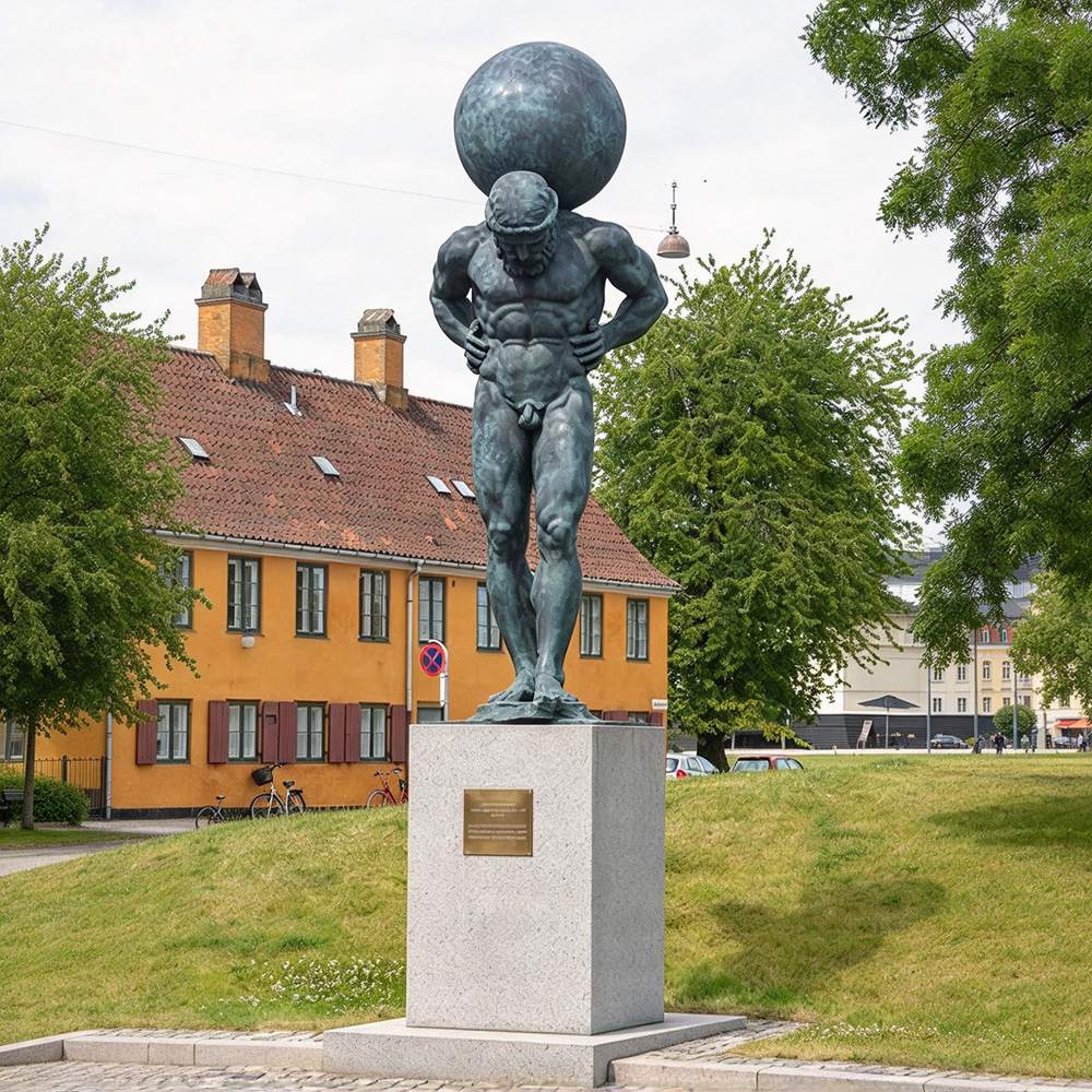 Full Shot Bronze Atlas Titan Statue On Stone Pedestal Public Square