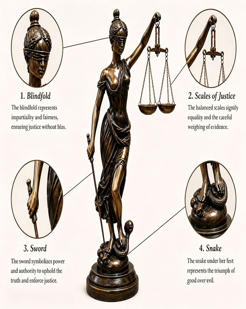 Close-up of Lady Justice sculpture detail showing scales, sword, and blindfold in bronze