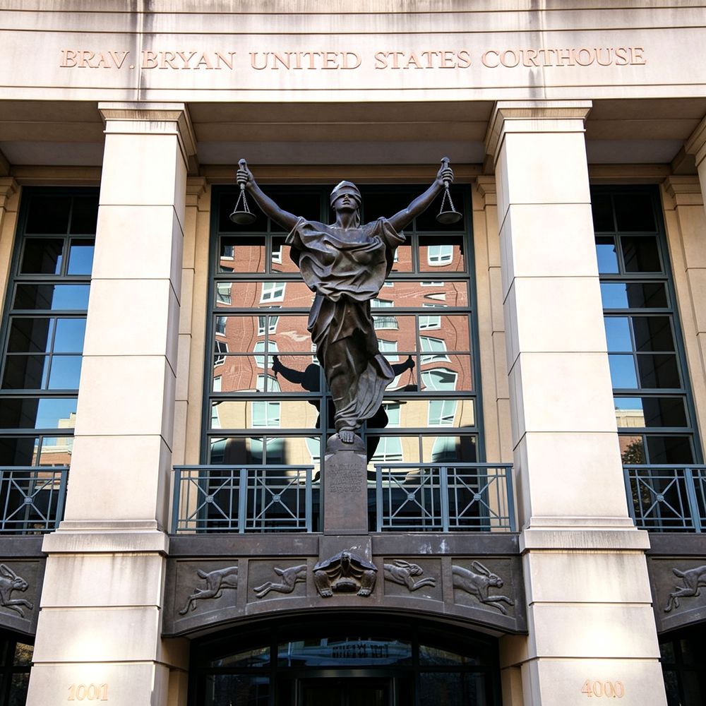 Large-scale bronze Lady Justice statue installed at the entrance of a government courthouse building