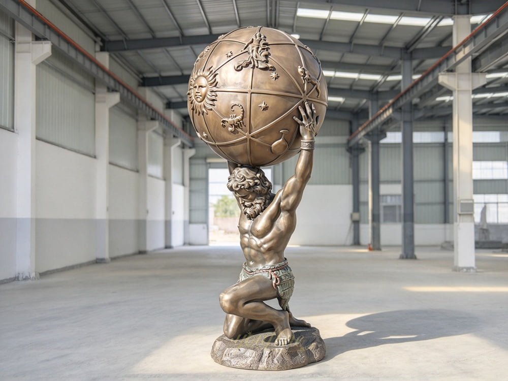 Patina finishing for outdoor bronze Atlas sculpture