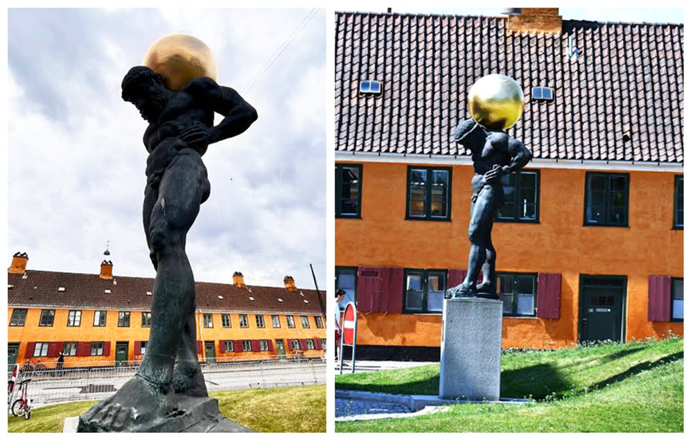 Two‑Angle Display Of Bronze Atlas Statue With Polished Golden Globe