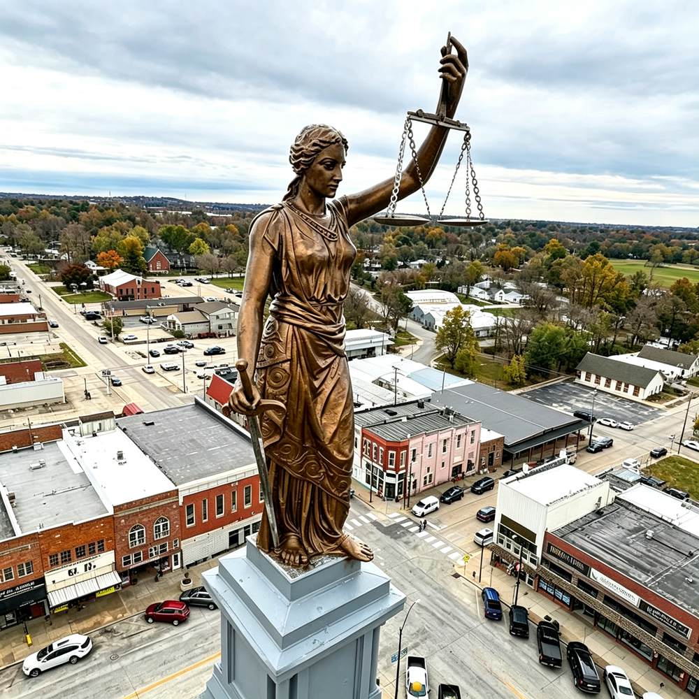 Modern bronze Lady Justice sculpture with open eyes installed in a contemporary law school lobby