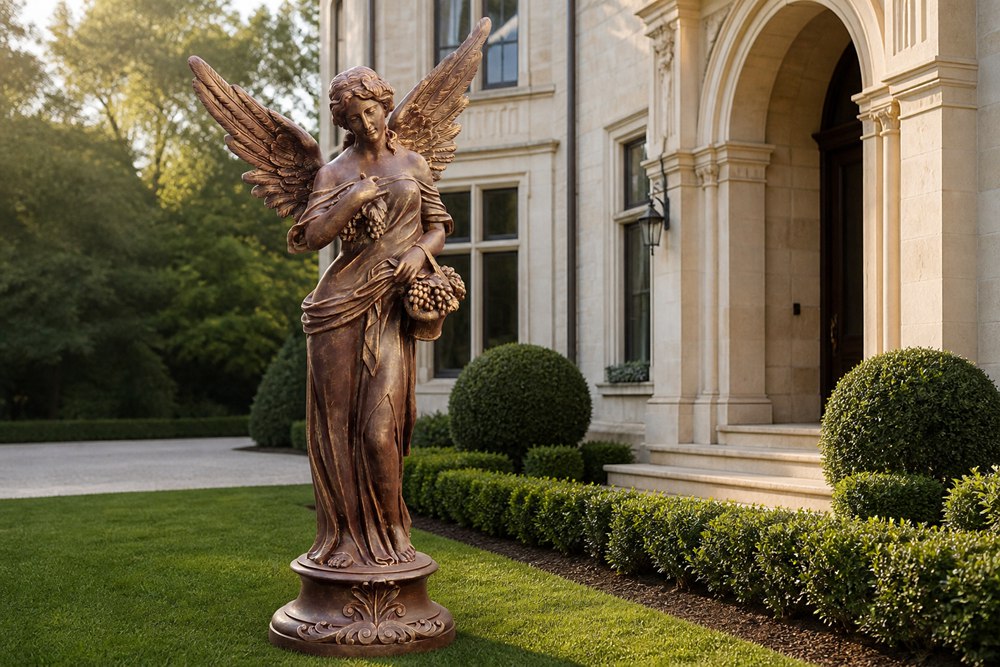 Angel with Flower Basket Bronze Statue