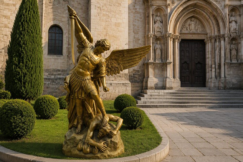 Archangel Michael Defeating Demon Golden Statue