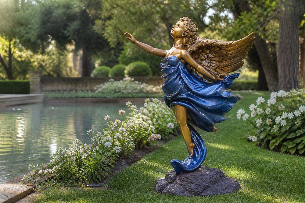 Bronze Blue Dress Flying Angel Statue Pond Side