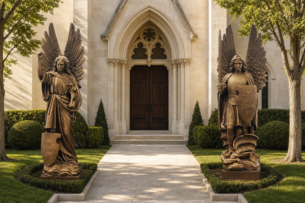 Bronze Guardian Angels Statue Church Walkway