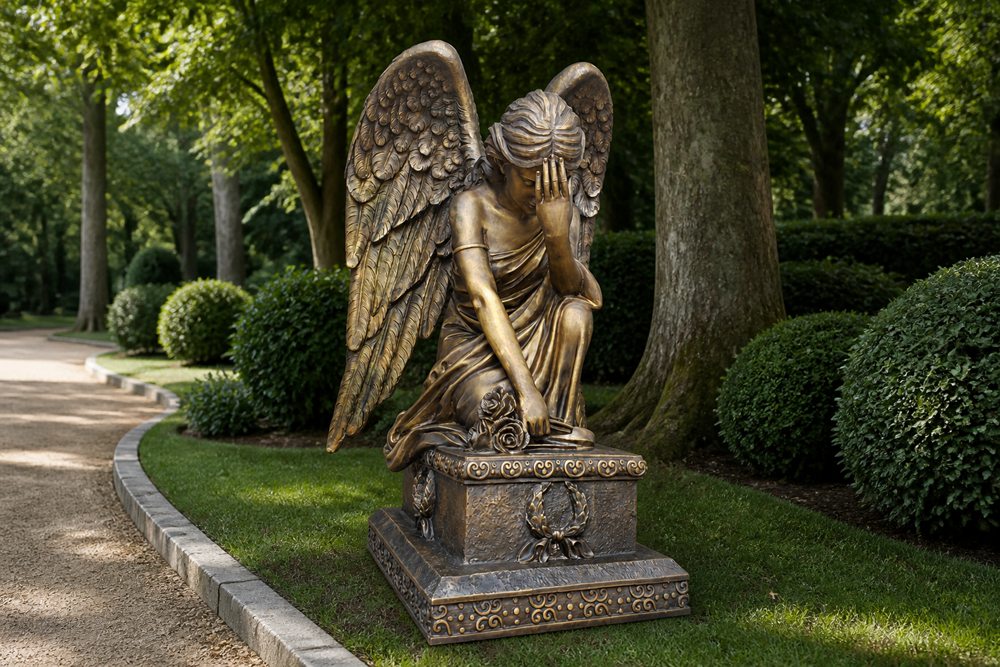 Bronze Weeping Angel Memorial Statue Cemetery Tree