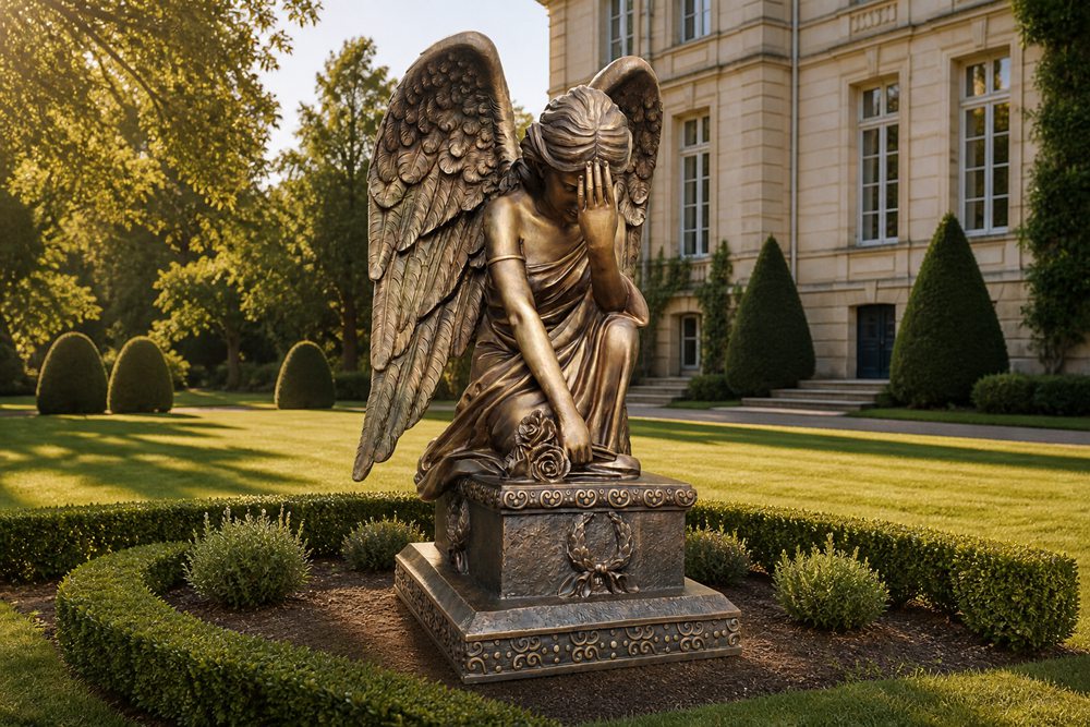 Bronze Weeping Angel Statue Mansion Garden