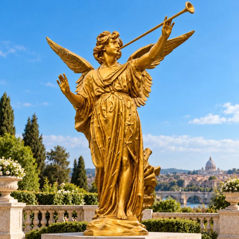 Bronze Archangel Gabriel trumpet statue shown in an outdoor garden setting