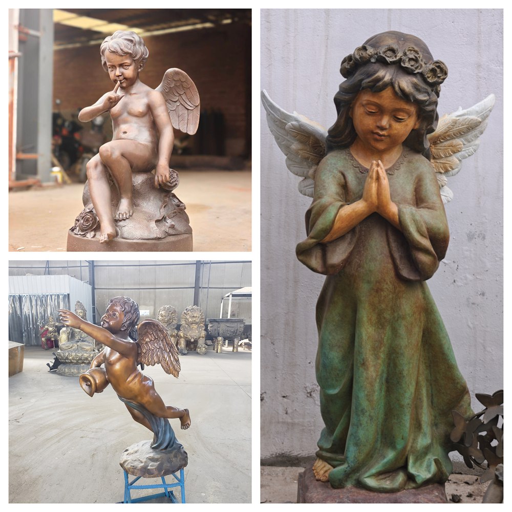 Three bronze cherub statue designs photographed at the foundry