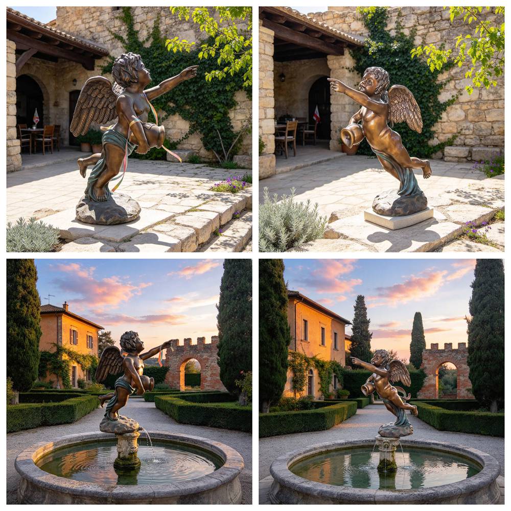 Bronze cherub statue shown in garden and fountain settings