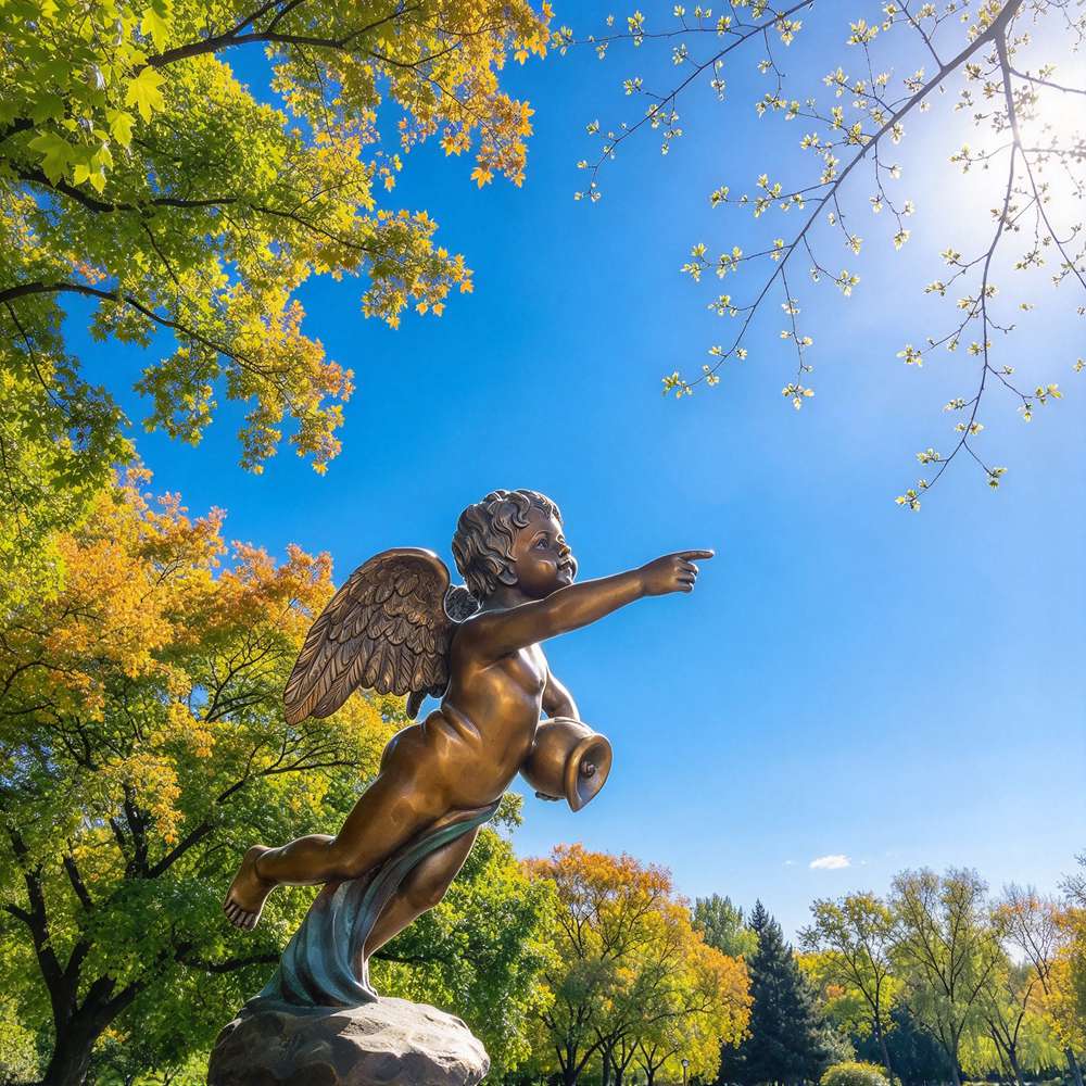 Flying bronze cherub statue viewed from below