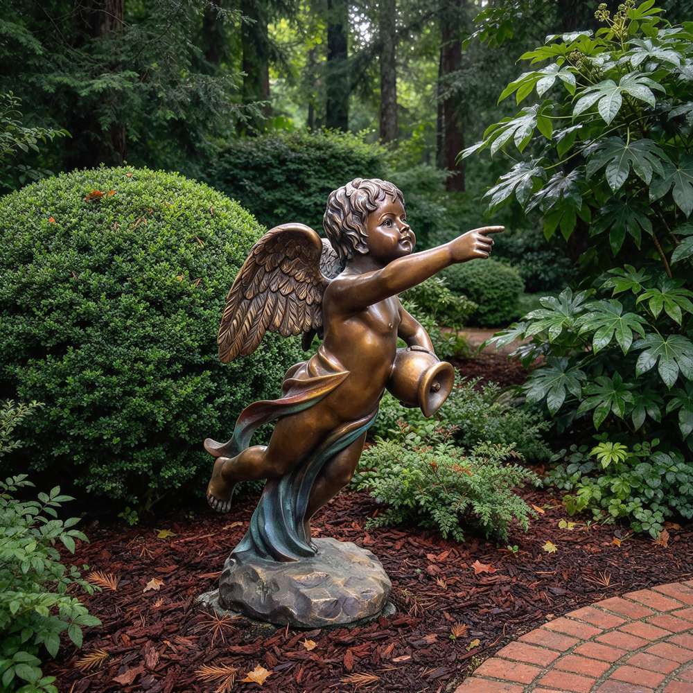 Flying bronze cherub statue pointing in a garden