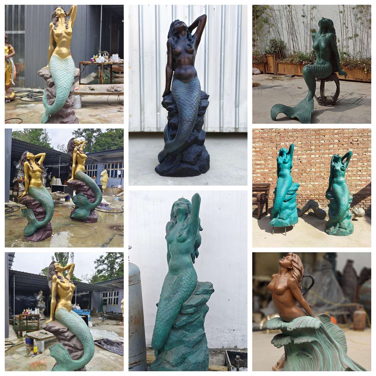 Different bronze mermaid statues and finishes photographed at the foundry