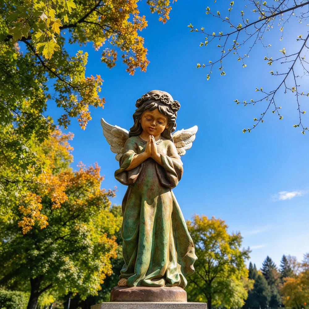 Praying bronze cherub statue in an autumn garden