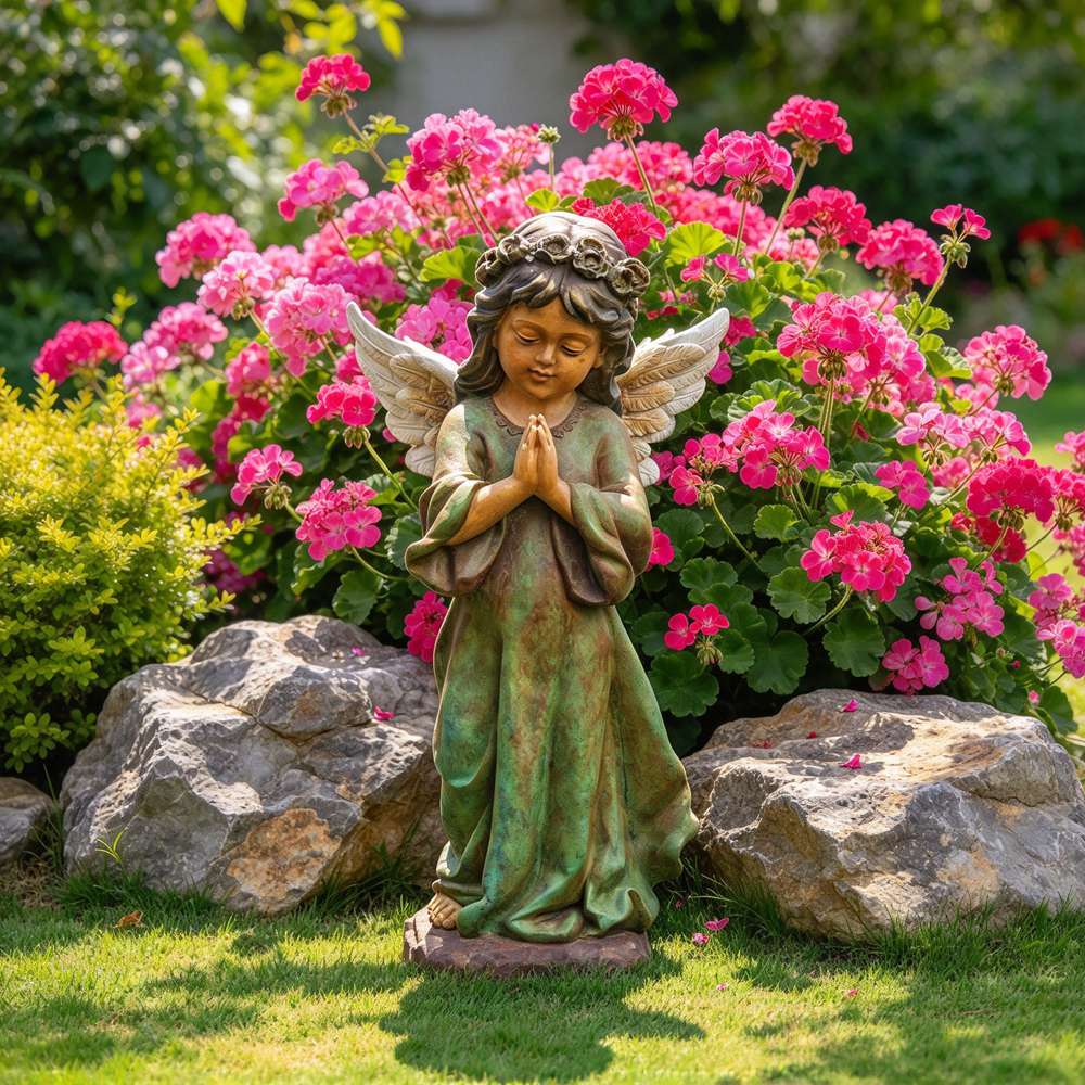 Praying bronze cherub statue in a flower garden
