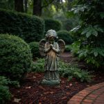 Praying bronze cherub statue in a woodland garden