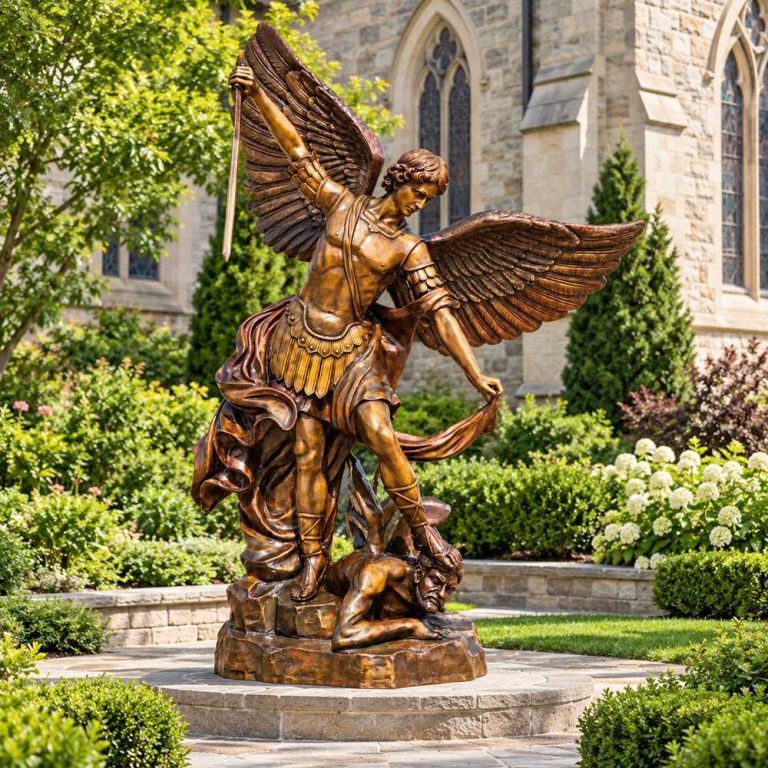 Bronze Saint Michael angel statue slaying the devil in a church garden setting