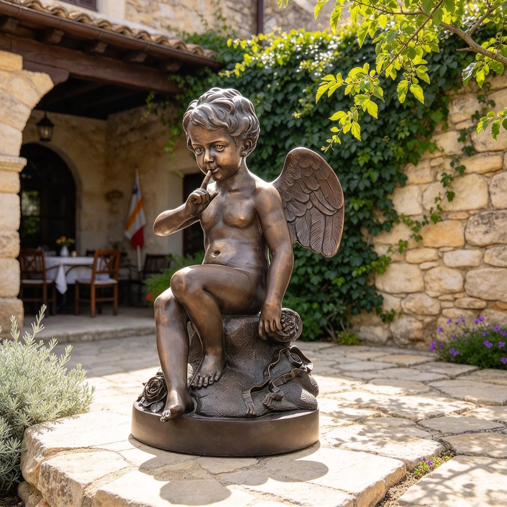 Seated bronze cherub statue with a quiet gesture