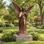Visualization of a bronze life size angel statue in a landscaped garden